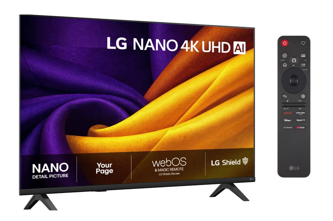 LG 43'' Nano UHD NU90 4K AI TV - 2026, LG NANO 4K UHD AI NU85, vist forfra og fra siden, har en 43-tommers skjerm med en bredde på 959 mm, en skjermhøyde på 563 mm, en høyde på 618 mm med stativ, en dybde på 70,8 mm og et stativ som måler , 43NU900B6LA, thumbnail 2